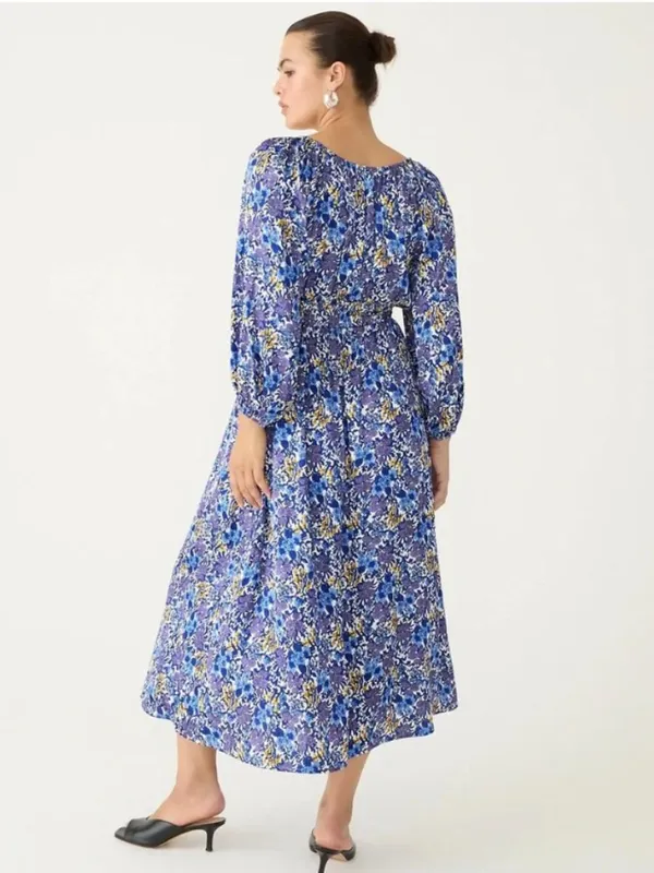 J. Crew V-neck Midi Dress in Fête Floral Print Blue Satin Long Sleeves Medium - Image 2