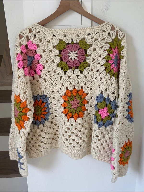 Free People Society Mano Beige Granny Square Pullover Sweater - Image 4