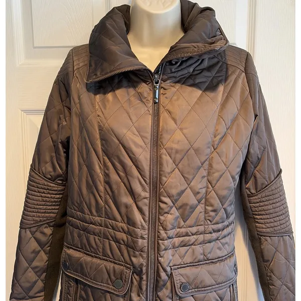 BCBGMAXAZRIA Quilted Puffer Women’s Coat Coffee Brown Sz S Full-Zip Long Hooded - Image 3