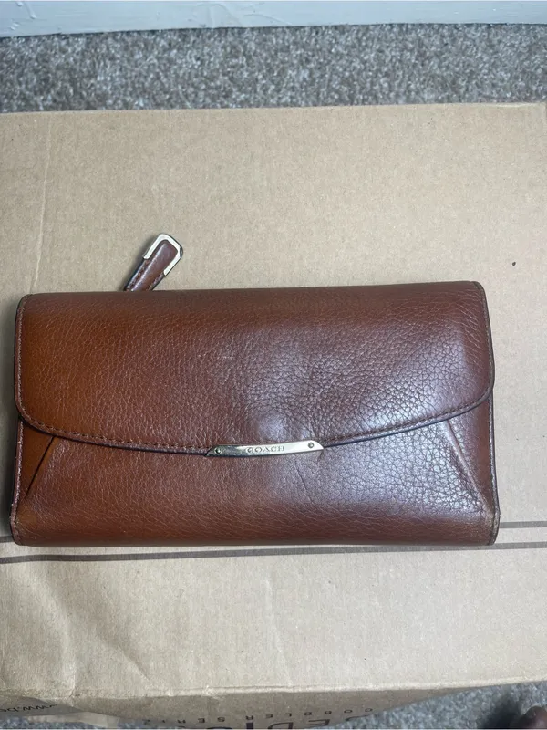 Coach Brown Pebbled Leather Flap Wallet with Silver Plaque - Image 2