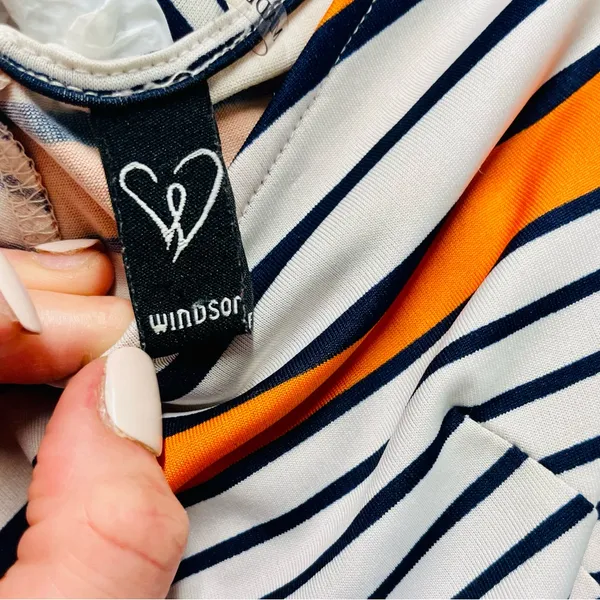 Windsor White Maxi Dress with Orange & Navy Stripes Sz S - Image 5