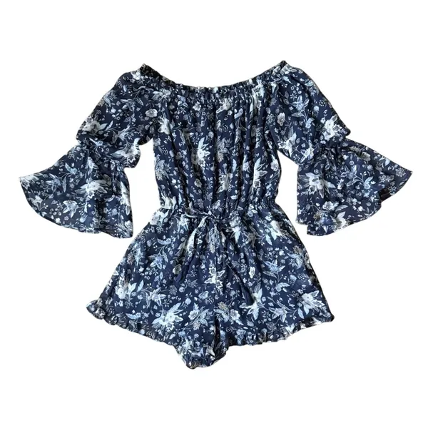 American Eagle Floral Off-The-Shoulder Romper Blue Boho Ruffle Size Small S - Image 2