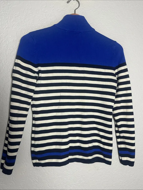 Ralph Lauren Blue Striped Half Zip Sweater Crest Logo Preppy Nautical Medium - Image 5