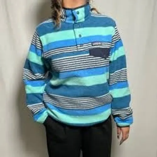 Patagonia Womens Fleece Pullover XL Blue Striped Synchilla Snap-T 25455 SP17 - Image 2
