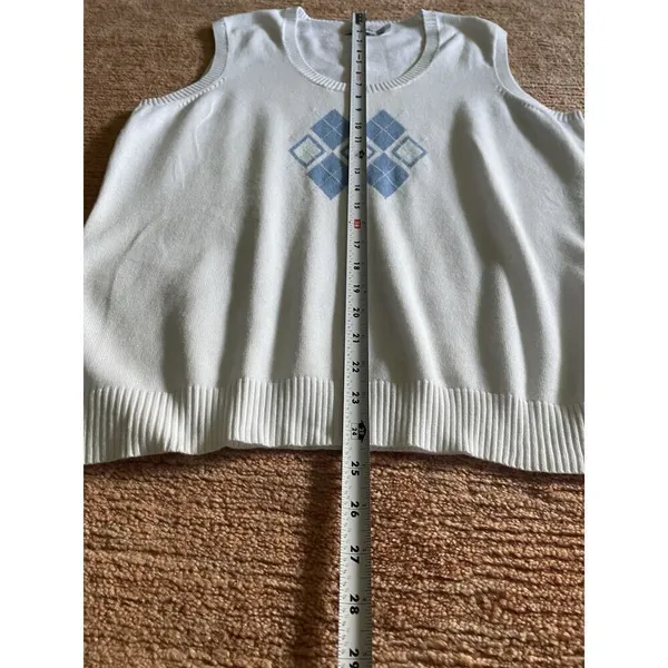 Lady Hagen White Sweater Vest L Argyle Diamond Knit Sleeveless Pullover Cotton - Image 3