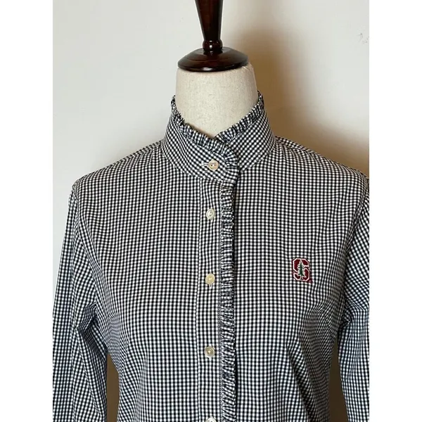 Peter Millar Black And White Gingham Long Sleeve Button Down Ruffle Trim Top XS‎ - Image 4