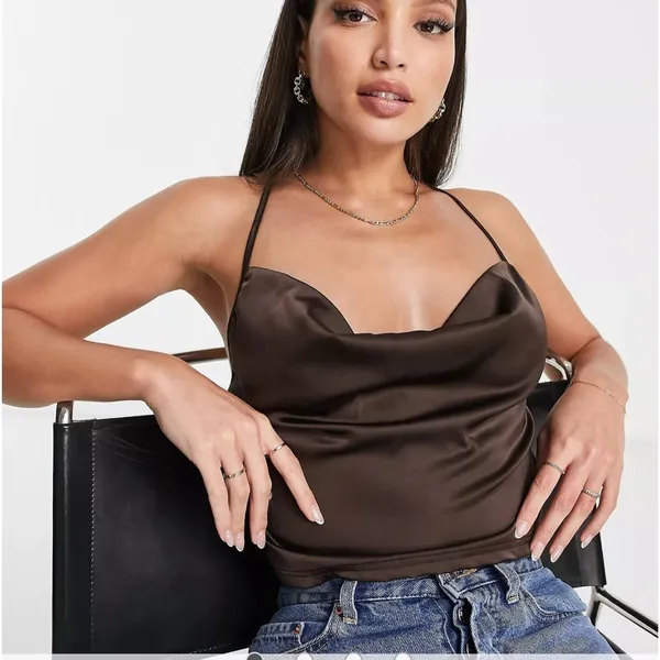 New Parisian satin cami strap top with‎ cowl neck in chocolate brown - Image 2