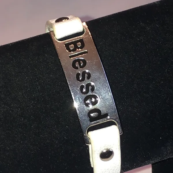 Blessed White Faux Leather and Silver Tone Bracelet - Image 2