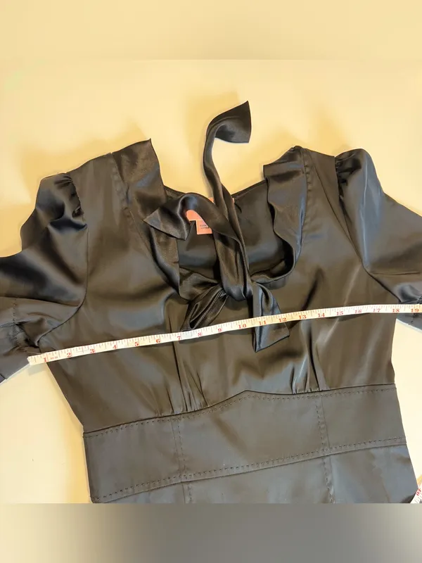 Phoebe Couture Blk Satin Tie Neck Cocktail Dress Flutter Sleeve Ruffle Hem Size8 - Image 13