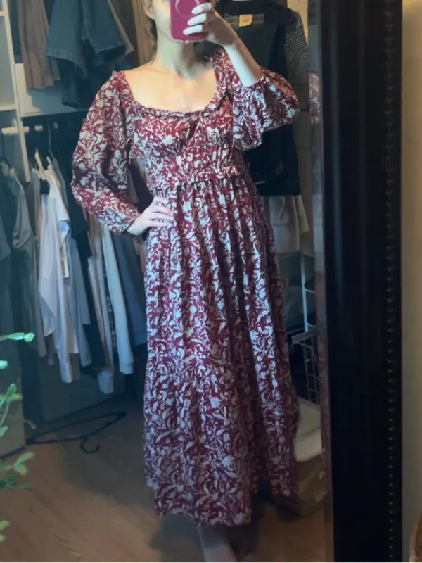 Anna Cate Milkmaid Smocked Burgundy Printed Dress Maxi Small - Image 4