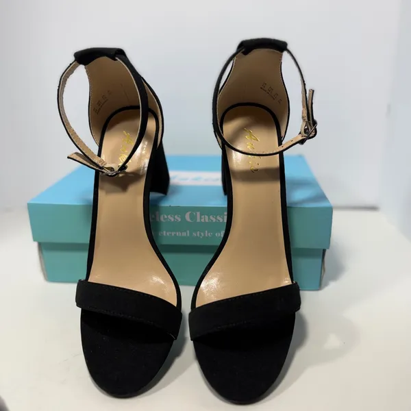 Ankis Women Black Faux Suede Block Heel Ankle Strap Sandals Size 7.5 Open Toe‎ - Image 5