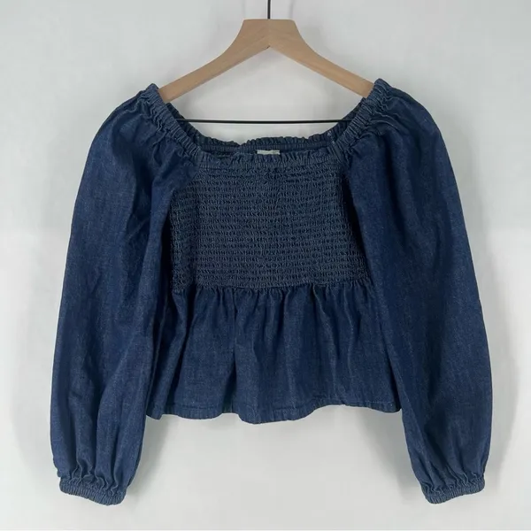 J.‎ Crew Dark Blue Chambray Smocked Puff Sleeve Top Peasant Milkmaid - Image 3