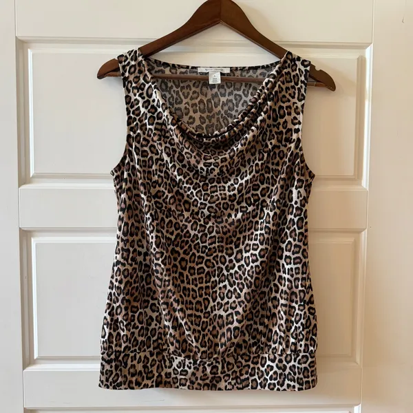 White House Black Market‎ Brown Leopard Cowl Neck Tank Top Small Y2K Mob Wife - Image 2
