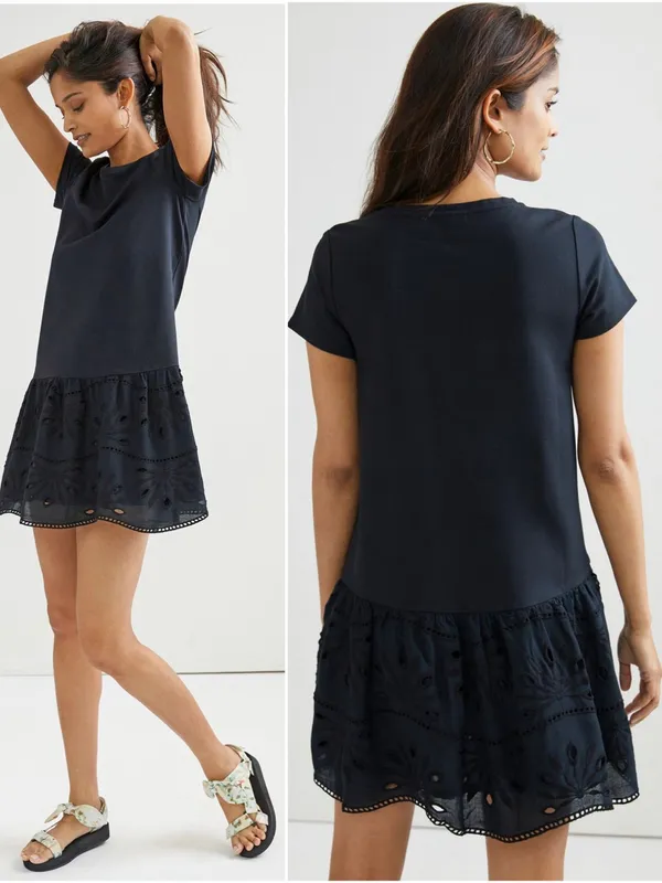 ANTHROPOLOGIE Maeve Black Flounced Eyelet Mini Shift Dress Size S - Image 2