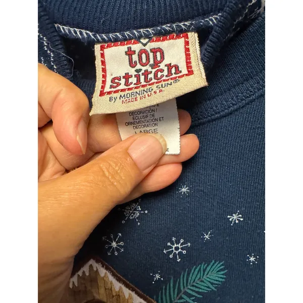 VTG Top Stitch 90s Blue Snow Birdhouse Sweatshirt Large Double Collar USA Made - Image 6