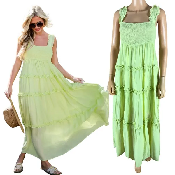 LUSH Lime Green Smocked Tiered Ruffled Maxi Dress SMALL - Image 5