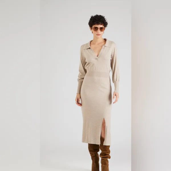 NICHOLAS Jade Midi Wool & Cotton Collared V Neck Long sleeve dress Oat Size‎ XS - Image 8