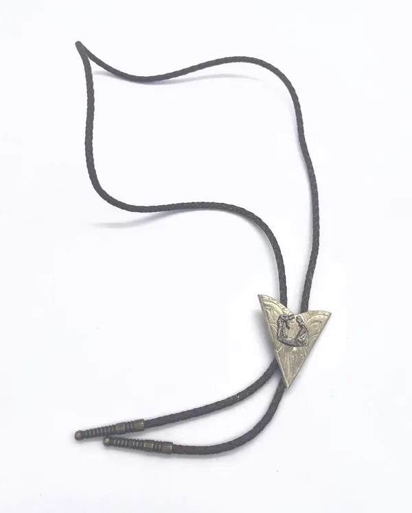 Vintage square Dancing Bolo, Western Triangle arrowhead Leather Necklace Gold - Image 2