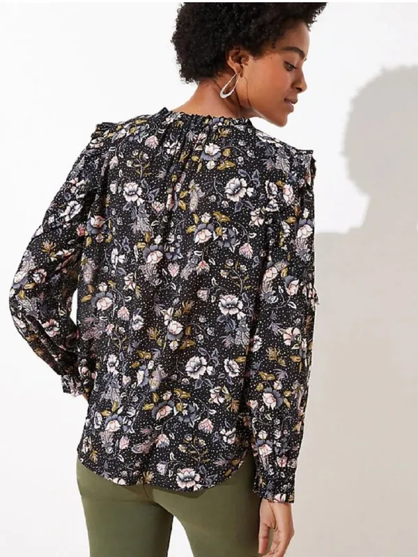 Loft Black and White Floral Ruffle Key Hole long sleeve pullover top size small - Image 3