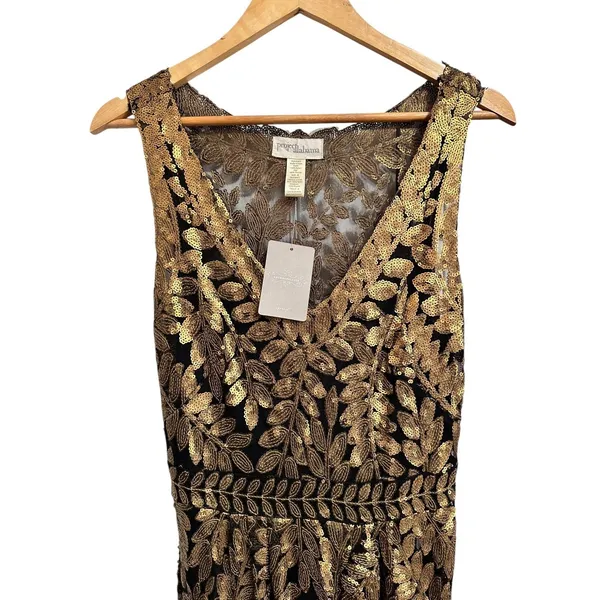 Anthropologie Project Alabama Gold‎ Leaf Sequin Black V-Neck Mini Dress 8 NEW - Image 3