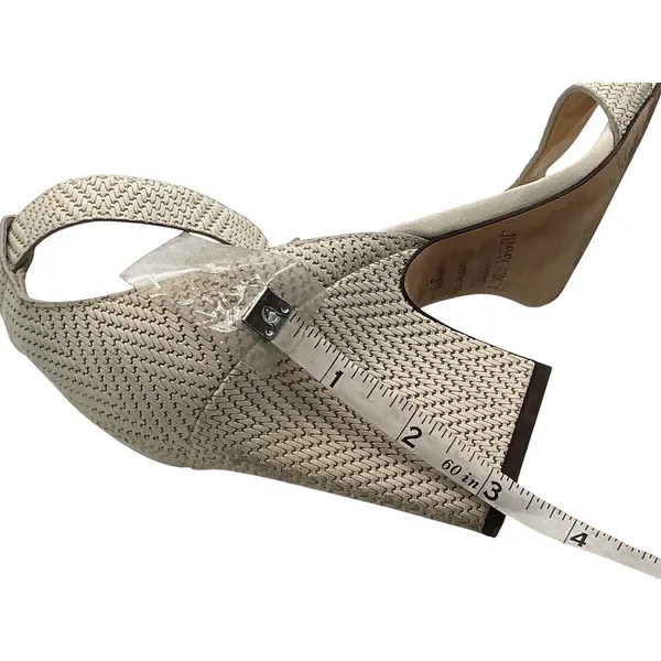 Jimmy Choo Woven‎ Ankle Strap Block Heel Sandals Beige IT 37 Made in Italy - Image 5