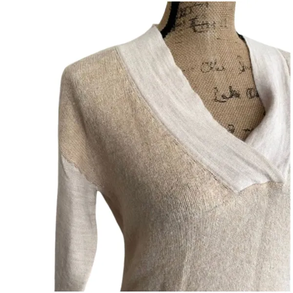 Anthropologie Moth Two Tone Cream Wool Alpaca Blend Sweater‎ V-Neck Size Small - Image 4