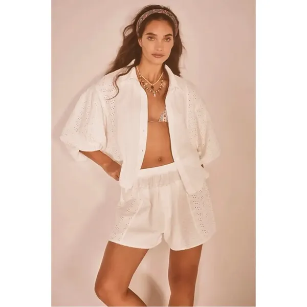 Free People Ethereal Eyelet Lace Gauze Cottage Full Bloom Shirt in White Small - Image 4
