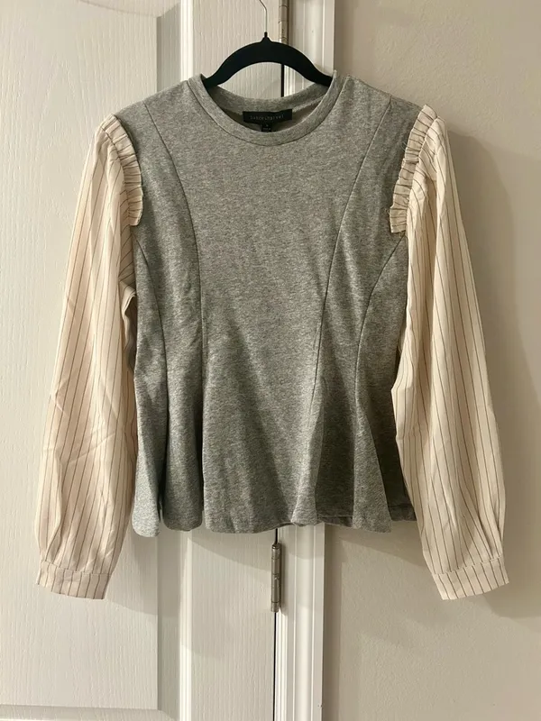 Dance & Marvel Heather Gray Sweatshirt Top with Cream Pinstripe Sleeves - Image 2