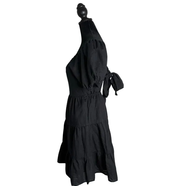 Chelsea & Violet Black Linen Blend Tiered Dress XS Open Back Puff Sleeve Mini - Image 6