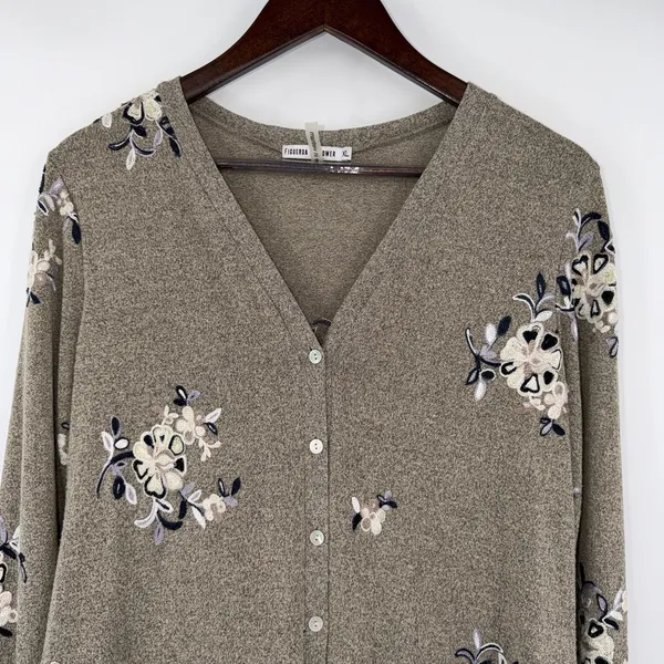 Figueroa & Flower Floral Embroidered Longline Cardigan Sweater Grey Boho Size XL - Image 3