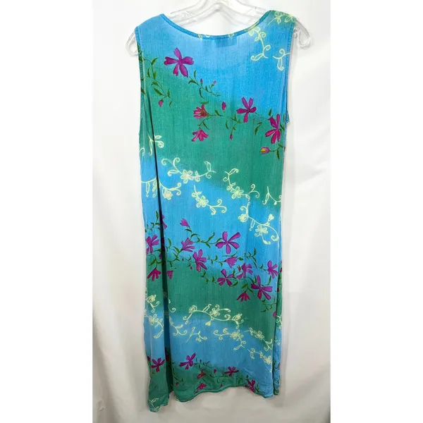 VTG La Cera Medium Midi Dress Blue Green Floral Sleeveless Beach Vacation 1018‎ - Image 2