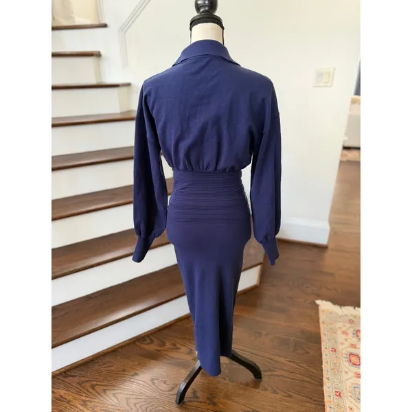 NWT Commense Navy Blouson Long Sleeve Knit Midi Pencil Skirt Sweater Dress - Image 2