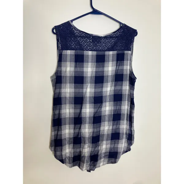 Wrangler Plaid Top Women Medium Blue NWT Crochet Lace Tie Front Sleeveless - Image 6