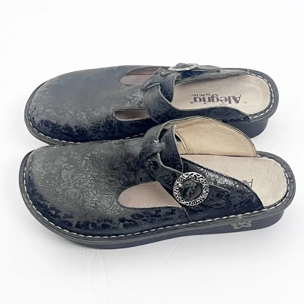 ALEGRIA Leather Black Embossed Buckle Accent Mule Slip On Slide Shoes EU 36 - Image 6