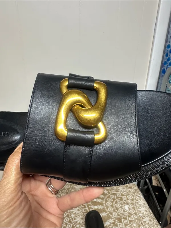 AEROSOLES Lima Black Leather Slide Mules with Gold Chain Accent - Image 3