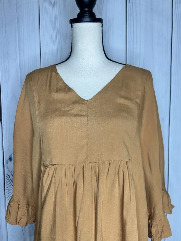 Andree by Unit V-Neck Babydoll Blouse Sz L Pleated Front Short Ruffle Sleeve Top - Image 2