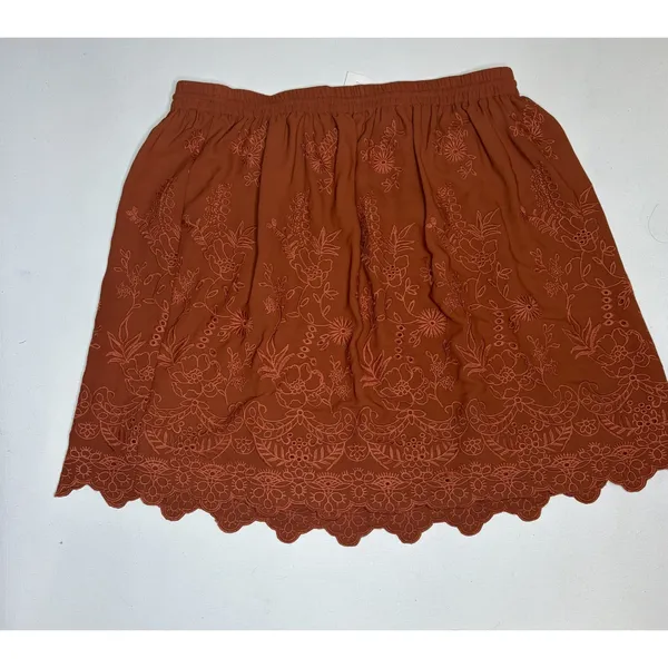 Lottie Rust Brown Eyelet Embroidered Scalloped Mini Skirt Boho Drawstring Waist‎ - Image 5