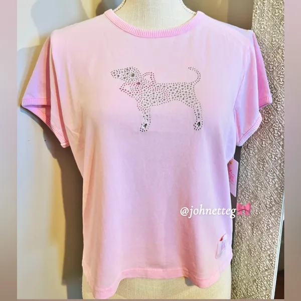 🎀🍭PINK x LoveShackFancy Cotton Retro Tee Pink Lollipop Wash Bling Dog Graphic L - Image 2
