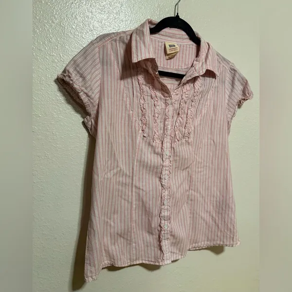 Faded Glory Pink Striped Button Up Blouse Ruffle Top | Cottagecore Casual Shirt - Image 4