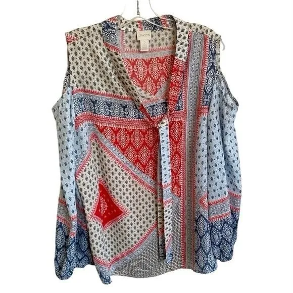 Chicos Cold Shoulder‎ Tie Neck Patchwork Blouse Red White Blue Size 2 Large - Image 7