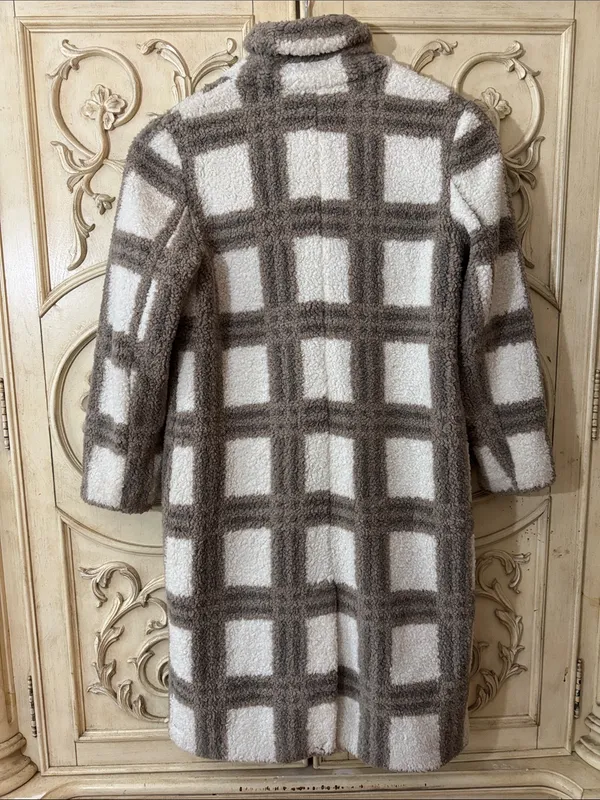 NVLT Cream and Brown Plaid Faux-Shearling Teddy Coat Size Medium - Image 11