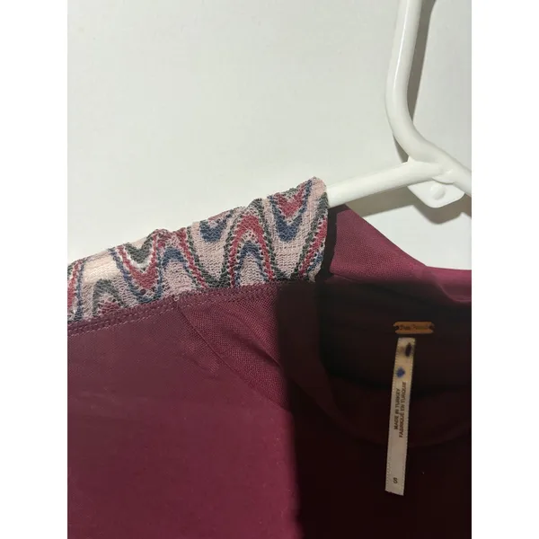 Free People Burgundy Mesh Mock Neck Top Chevron Lace‎ Long Sleeve Small - Image 3