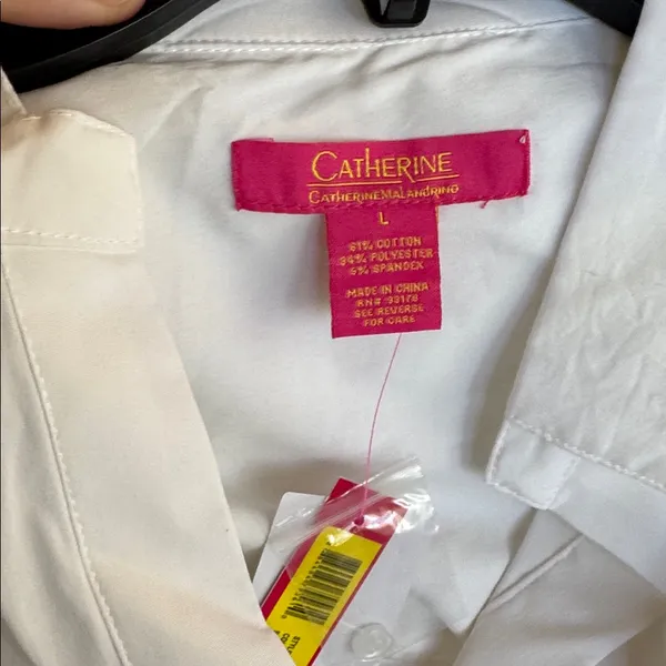 CATHERINE MALANDRINO Womens Size L Classic White Collared V Neck Long Sleeve Top - Image 5