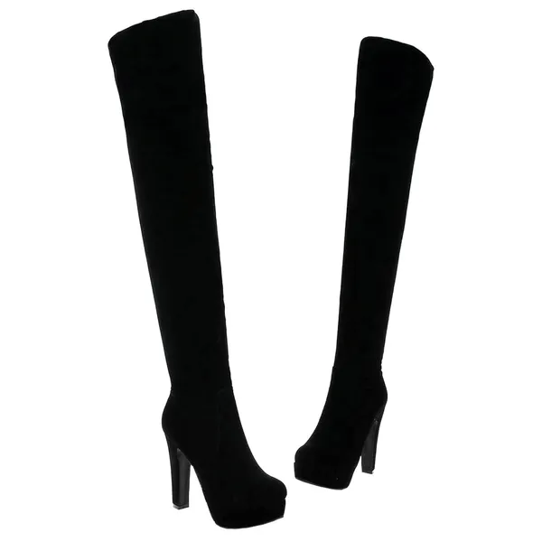 H & M Thigh High Platform Boots Stretch Faux Suede Black 10 - Image 2