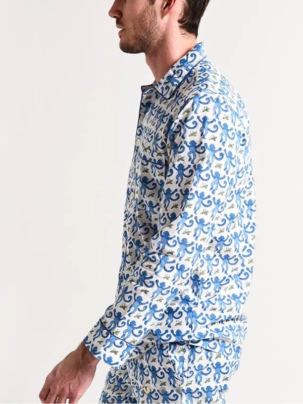 Roller Rabbit XL PJ Monkey Button Up Long Sleeve Shirt Blue Cotton Lounge White - Image 6