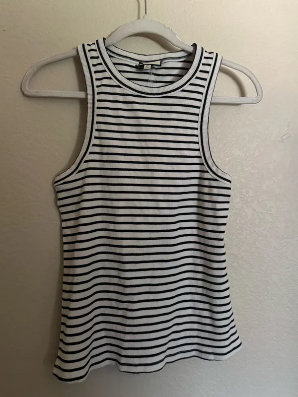 Tuckernuck Stripe Anthos Cotton Tank Top Sz M Ribbed Black White - Image 2