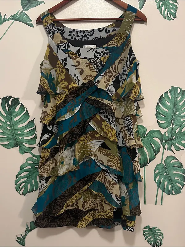 Dressbarn Floral Tiered Dress in Teal, Olive & Black - Image 2