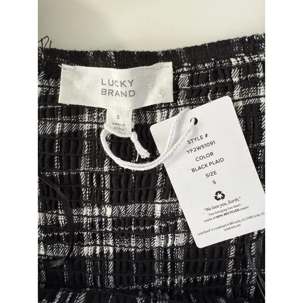 Lucky Brand Black Plaid Smocked Midi Dress‎ Grunge Cottagecore Long Sleeve NWT - Image 6
