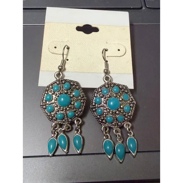Womens‎ Boho Southwestern Silver Tone Turquoise Blue Dangle Drop Earrings 2.5" - Image 2