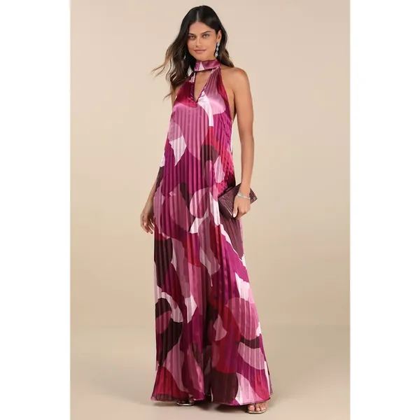 NWT Lulus Prime Poise Pink Multi Abstract Satin Halter Maxi Dress Open Back XXS - Image 3